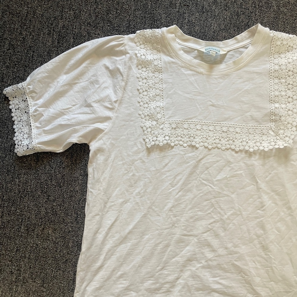 Sundance White Lace peasant Top blouse spring cottage size large preppy
